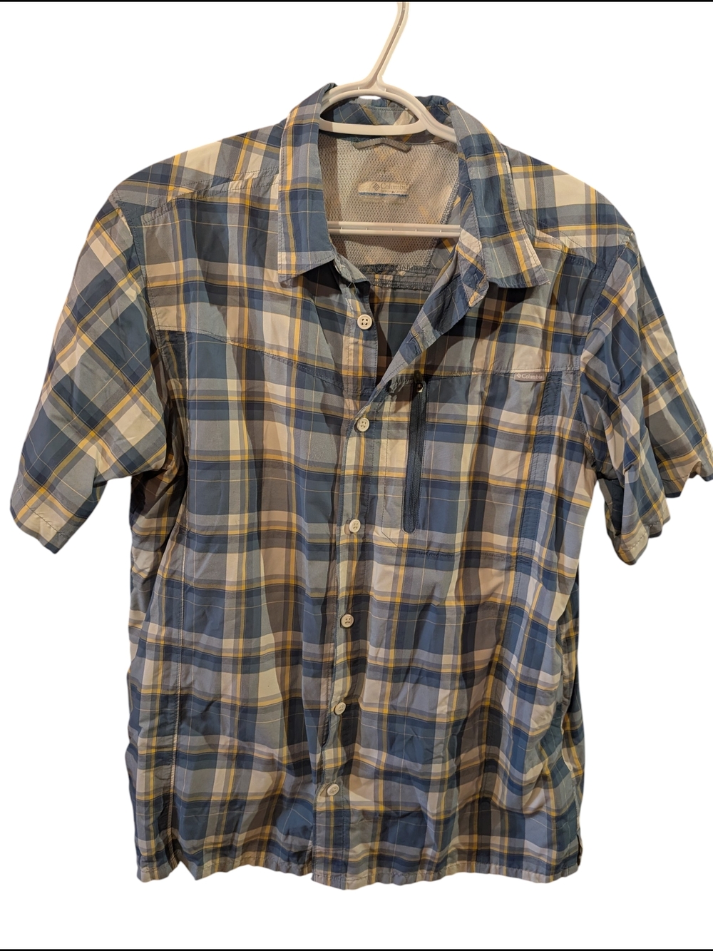 Columbia Blue, Cream and Yellow Plaid Short-Sleeve Button-Down Shirt